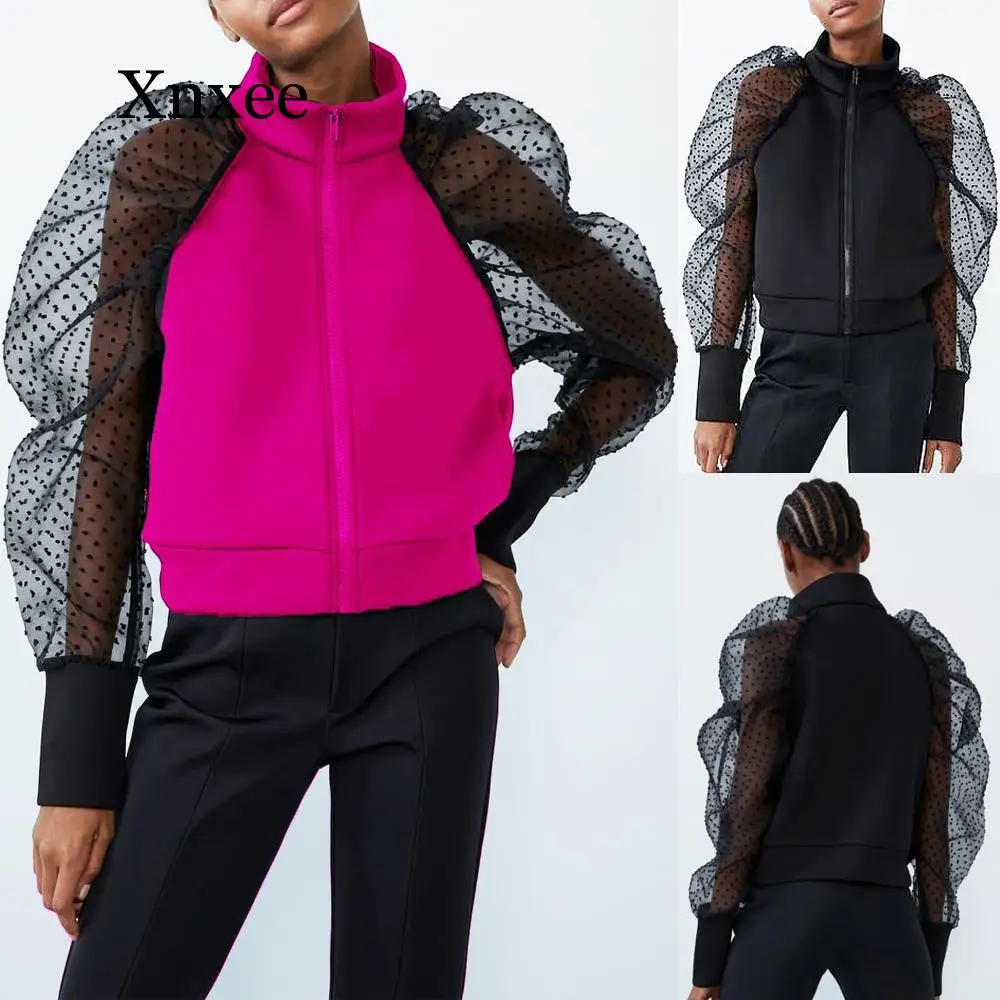 

Female Winter Mesh Puff Sleeve Patchwork Polka Dot Outwear Coat Women Autumn Sweatshirt Jumper Zipper Pullover Coats Tops