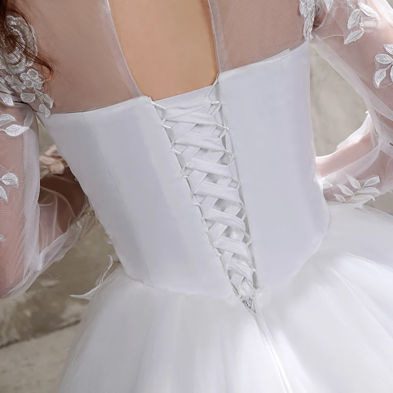 New Summer Korean Light wedding dress Vestidos De Novia off white bride O-neck dream princess simple Long Sleeve Lace appliques dresses for wedding