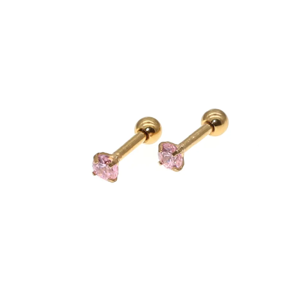 Needle 1.2*6MM Stainless Steel Screw-back Pink Zircon Stud Earrings Golden IP Plating No easy Fade Allergy Free