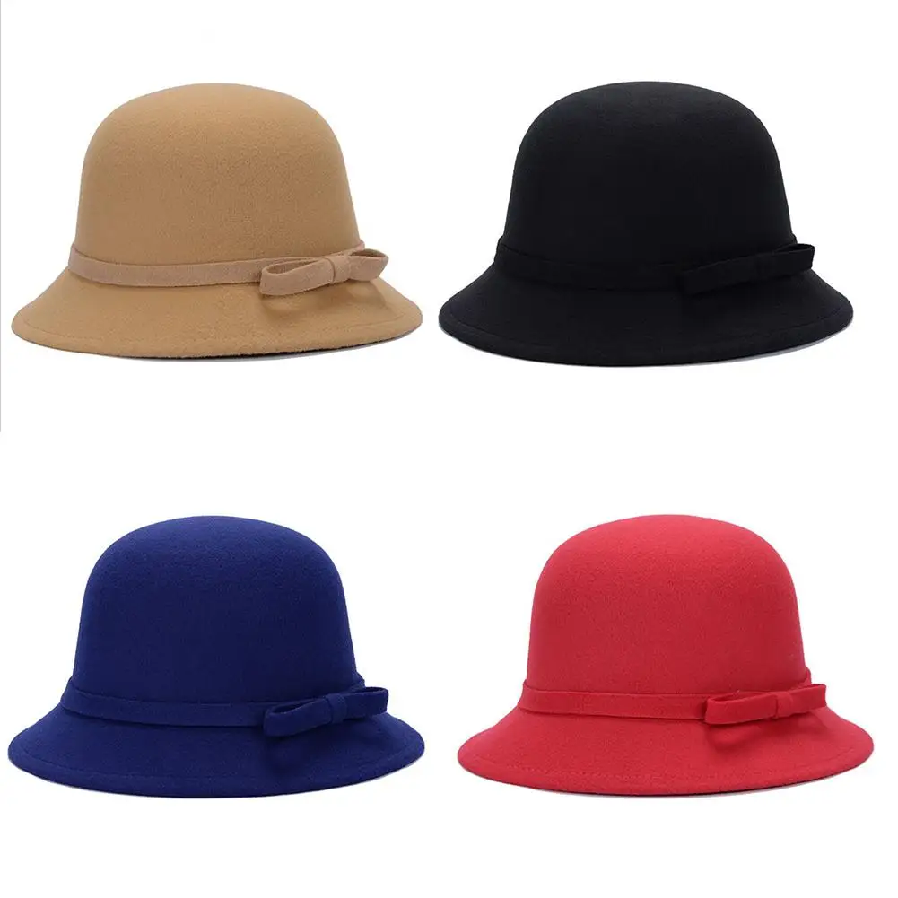 Новая женская Ретро шляпа осень и зима теплая купольная фетровая шляпа с бантом ретро имитация шерсти шляпа-ведро женская шляпа с бантом соломенная шляпа