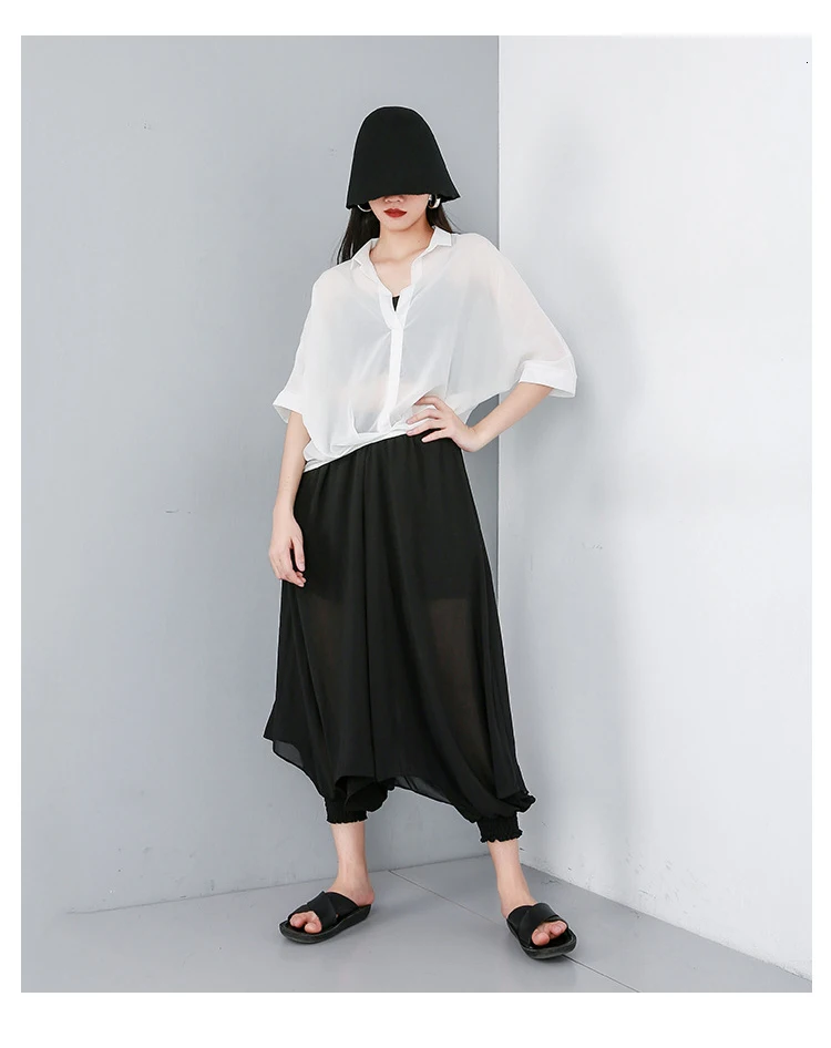 [EAM] новая весенне-летняя черная свободная тонкая рубашка с отворотами и рукавом средней длины большого размера Женская модная блуза JW093