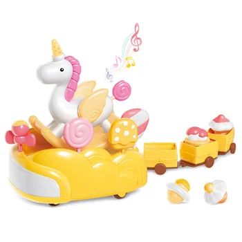 

360° Rotation Cute Pink Horse Ice Cream Candy Paradise Parade Float Toy with Music Mini Rotary Candy Cart Gift for Girls Child