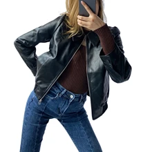 

Women Leather Jacket, Long Sleeve Turn-down Collar Zipper Closure Cool Tops Outwear