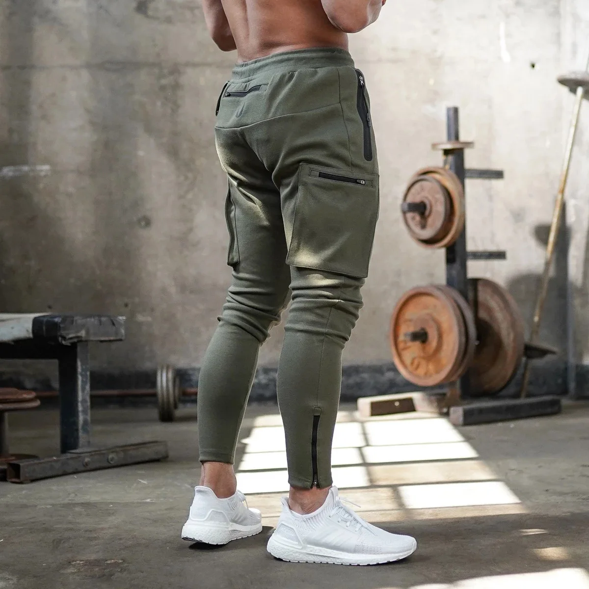 Men's cotton fitness sports pants men's outdoor fitness running training pants Men's multi-pocket zipper sports slim-fit pants green cargo pants men