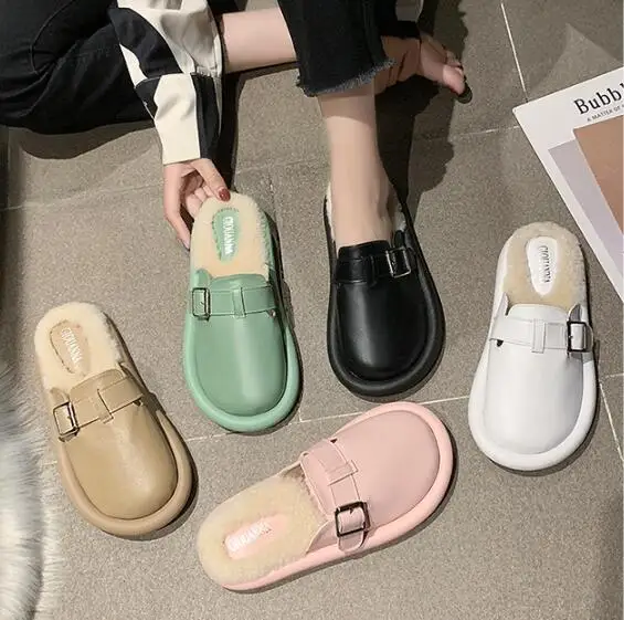 

Women Flat Slippers Autumn Winter Short Plush Indoor Outdoor Ladies Round Toe Slippers New Fashion Comfortable Female Flat Shoes