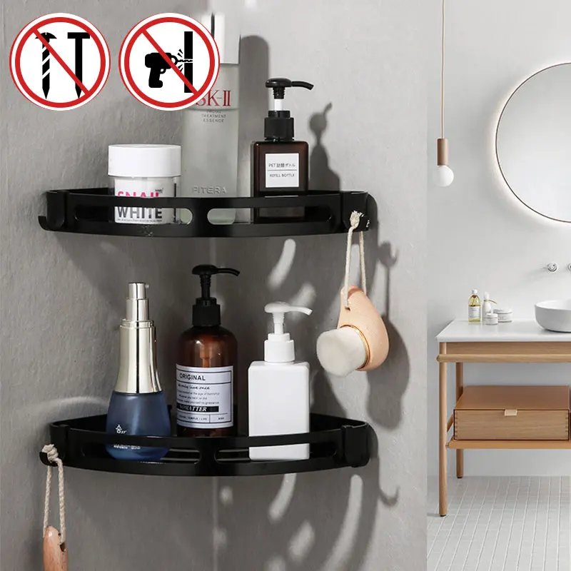 Designer Black Bathroom Shelves Corner Wall Mount