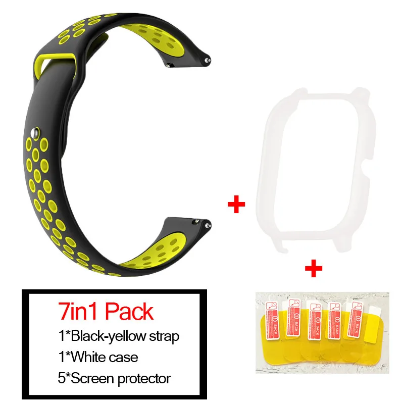 black yellow-white 7в1 умные часы аксессуары для Huami Amazfit GTS ремешок силиконовый браслет полосы для Amazfit gts Чехлы Защитная пленка для экрана - Цвет: black yellow-white