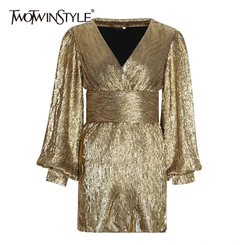 

TWOTWINSTYLE Patchwork Sequin Dress For Women Lantern Sleeve V Neck High Waist Sexy Party Dresses Female Autumn Fashion 2020 New