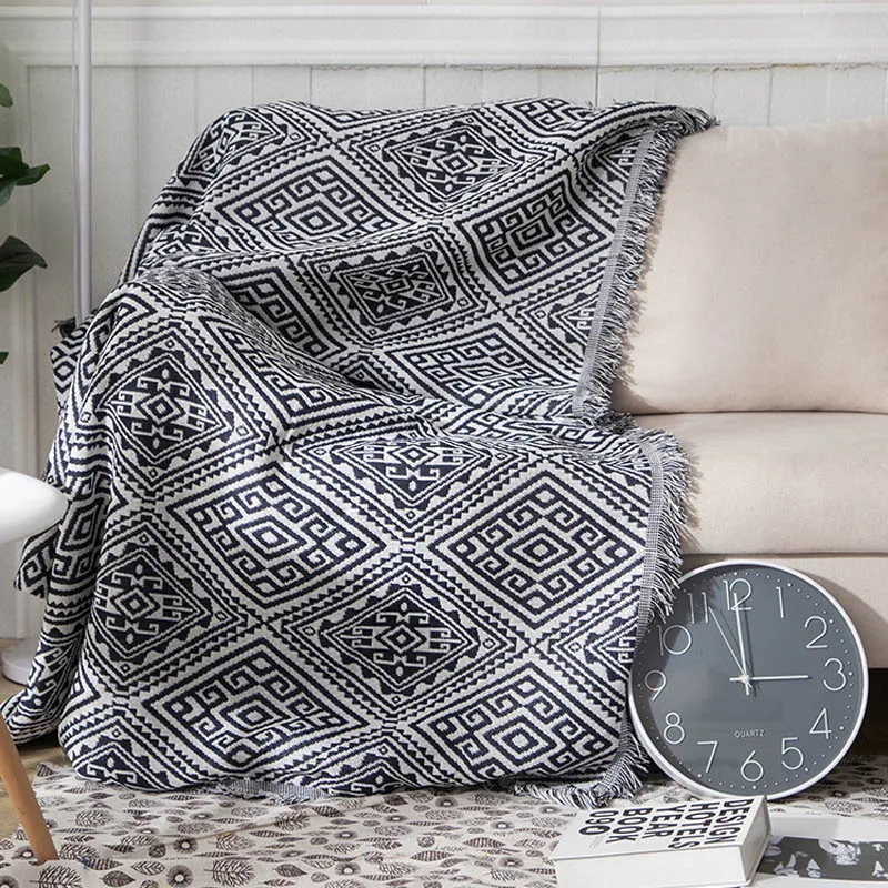 

Cotton Geometric Sofa Recliner Bed Cover Knitted Tassel Blanket Home Decor Tapestry Women Office Manta Plaid