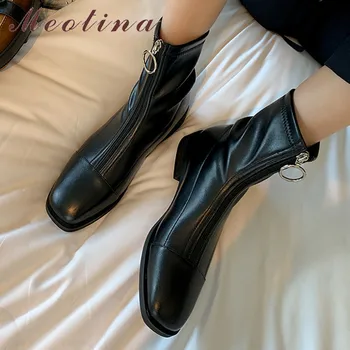 

Meotina Zipper Mid Heel Short Boots Ankle Boots Women Shoes Square Toe Chunky Heels Ladies Footwear Autumn Winter Black Size 40
