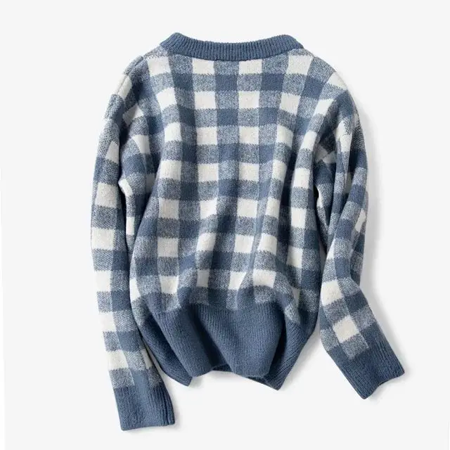 Синий Женский свитер зима толстый мохер клетчатый свободный длинный рукав вязаный женский свитер - Цвет: Синий