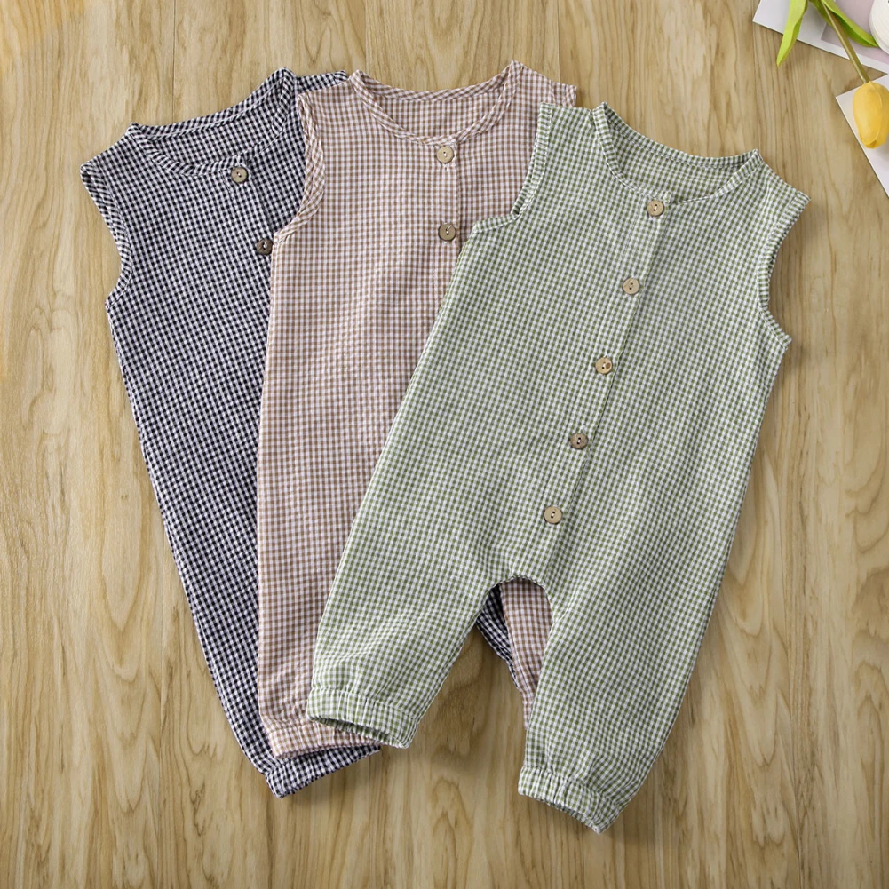 Summer 0 18M Newborn Baby Girl Boy Clothes Sleeveless Plaids Romper