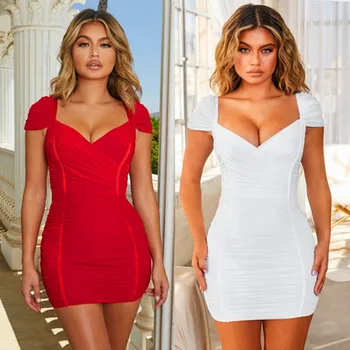 

2020 New Arrival Mesh Patchwork Bandage Dress Women Sexy Short Sleeve Draped Bodycon Summer Dress Vestidos Party Dress
