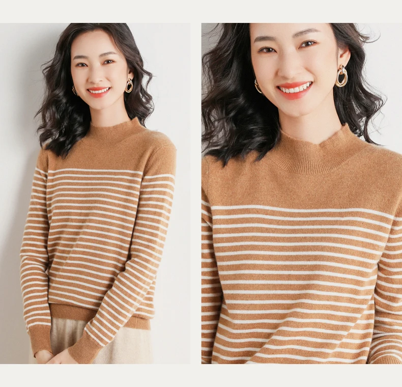 pullover sweater Autumn And Winter New Women Striped Cashmere Wool Blended Sweater Female Half-high Collar Knitted Pullover Thick Warm Jumper turtleneck sweater