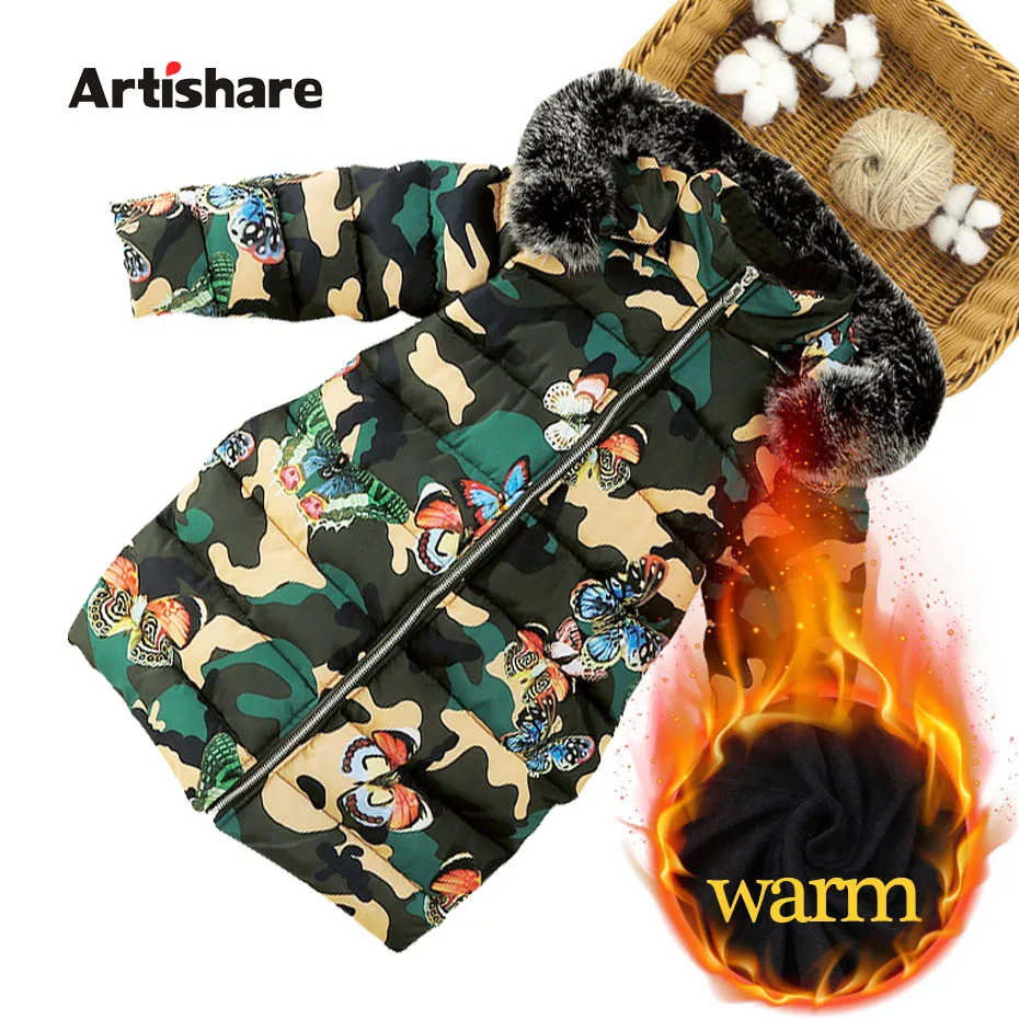 Coat For Girl Camouflage Outerwear Girls Hooded Fur Collar Jackets Winter Warm Clothes 6 8 10 12 14 | Детская одежда и обувь
