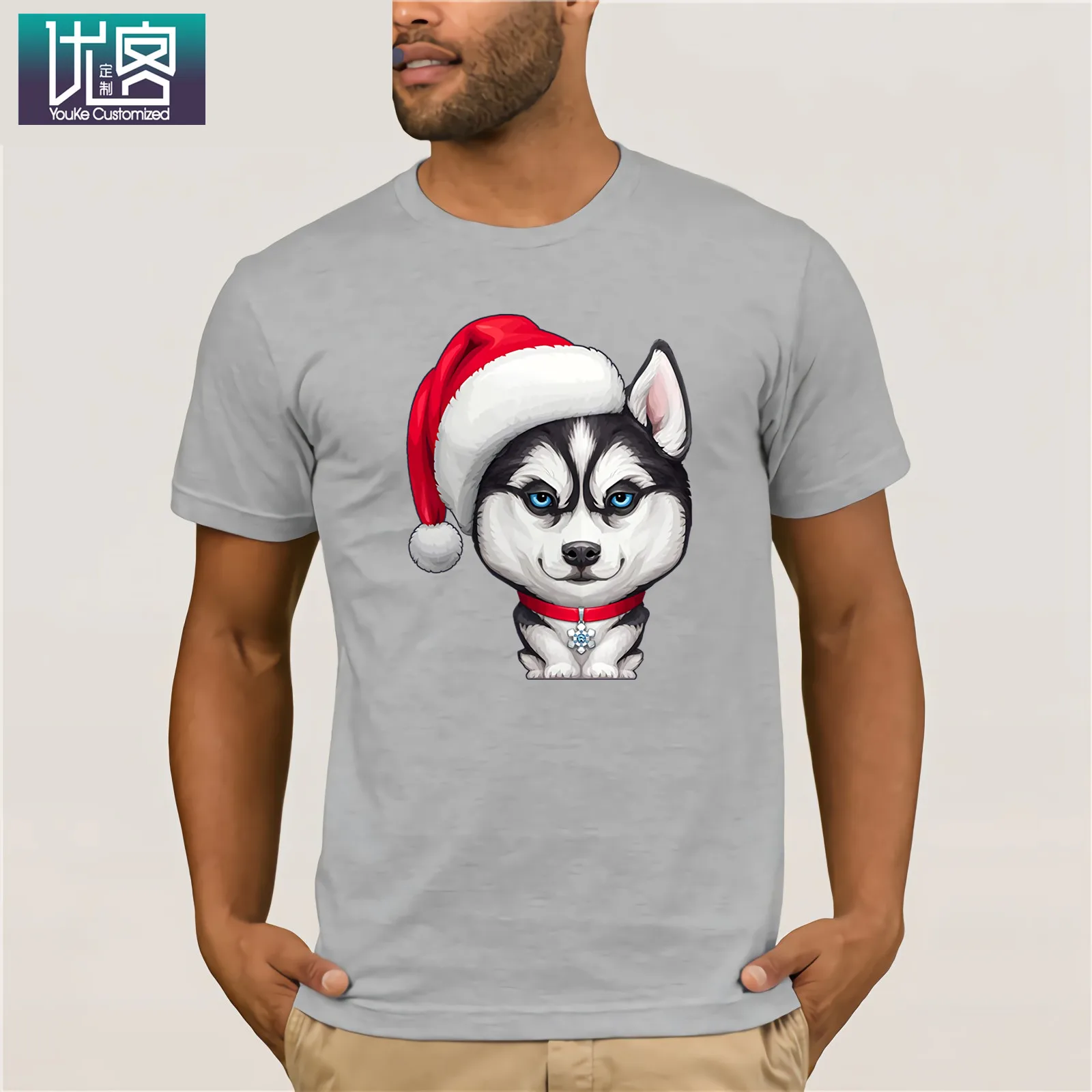 Siberian Husky Wearing A Santa Hat Рождественская футболка удивительные Уникальные повседневные топы с короткими рукавами винтажные с вырезом лодочкой - Цвет: Light Grey