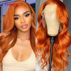 Asimey Orange Ginger Color Body Wave Wigs 13X4 Transparent Lace Front Human Hair Wig 30 32 Inch Preplucked Virgin Remy For Women