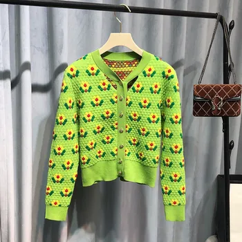 

2020 Spring Women's high quality V-neck sweater cardigans Hot Fashion floral knitted coat B928