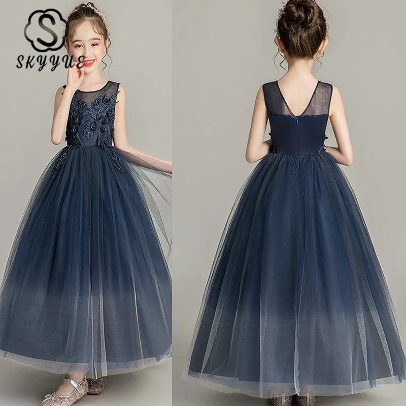 Skyyue Flower Girl Dress for Wedding Kids Party Elegant Backless Evening Dress Long Lace Flower Communion Dresses CK2993
