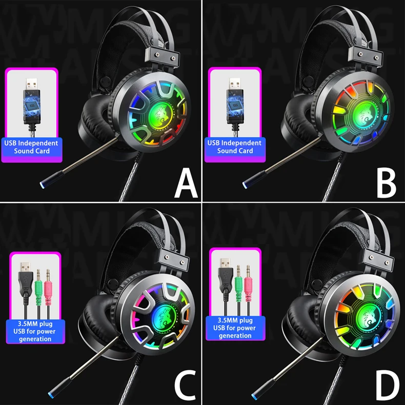 Wired Gaming Headphones Stereo Sound PC Earphones Noise Reduction with Mic Colorful RGB Light Volume Control for Desktop Laptop