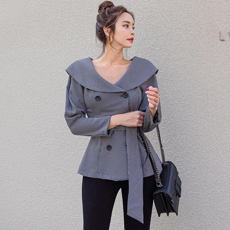 

2019 Autumn And Winter New Style Korean-style Elegant Large Lapel Slim Fit Double Breasted Lace-up Waist Hugging Short Jacket