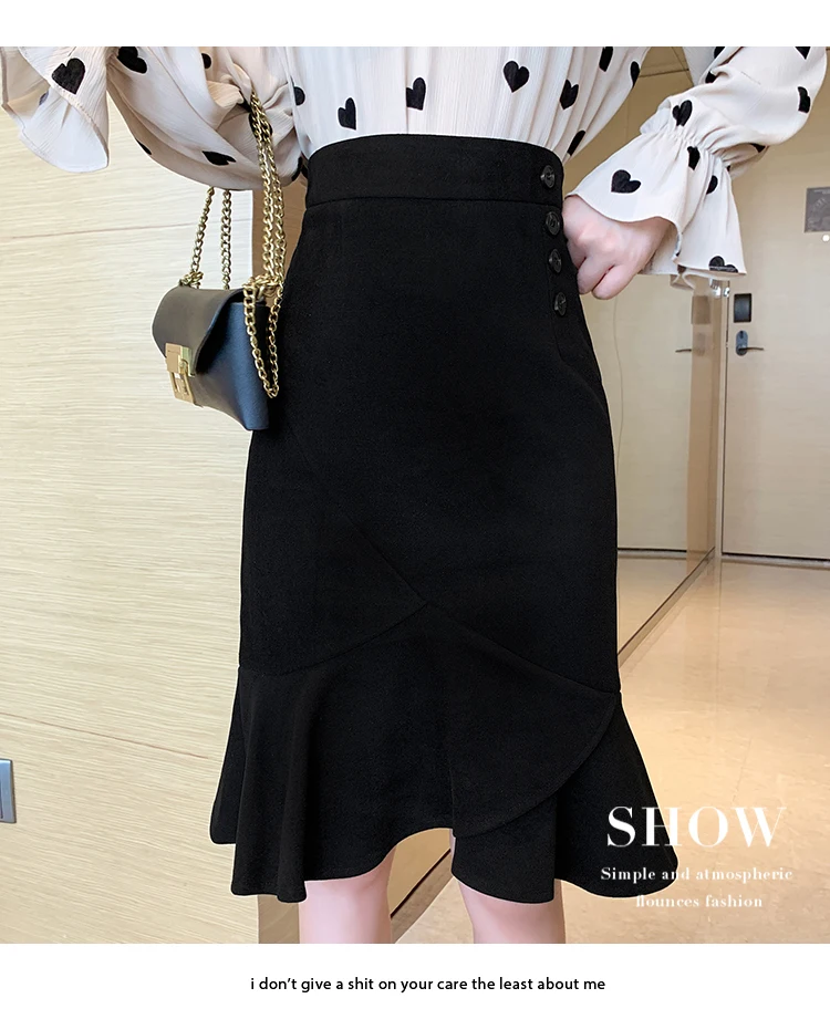 Skirt women autumn and winter high waist woolen skirt fashion casual fishtail skirt solid slim irregular ruffled midi skirt