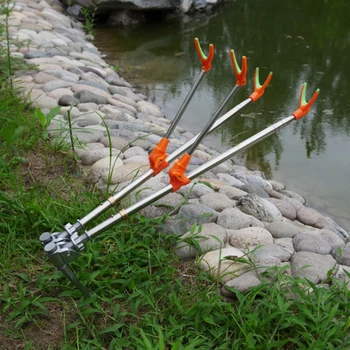 

Folding Stainless Steel Fishing Double Rod Holder Telescoping Fishing Pole Rack Bracket Ground Support Fish Pole Rack Accessory