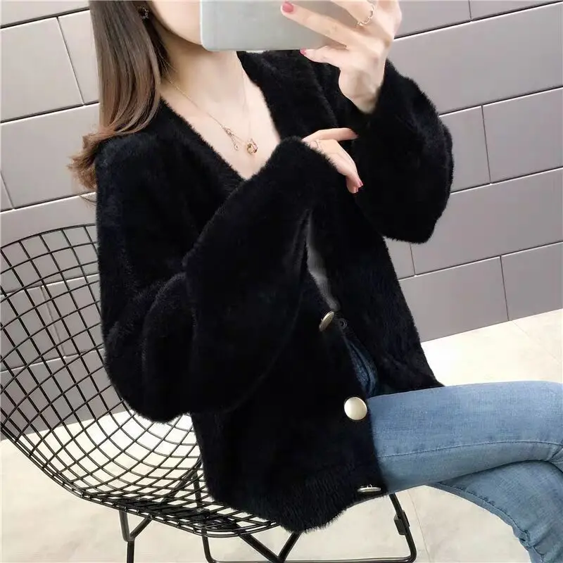 Women Mink Fleece Knitted Cardigan Jacket Pink 2025 Spring And Autumn New Korean Sweater Femme Short Loose White Jacket Female