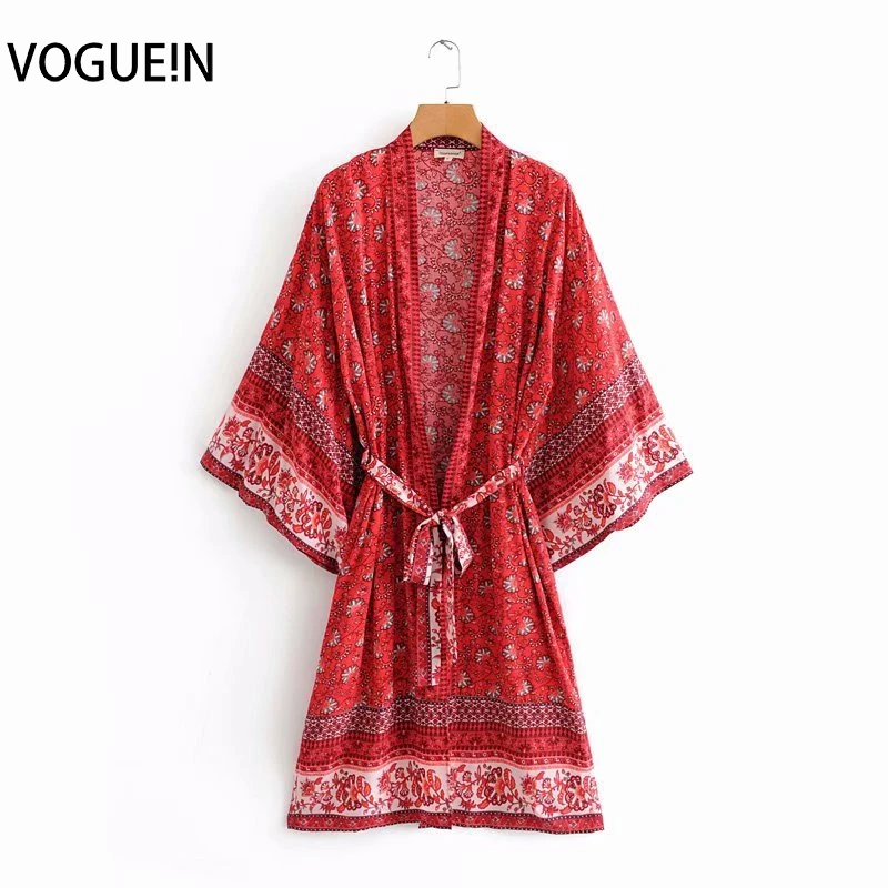 VOGUEIN новые женские цветочный принт красный/бежевый кимоно с длинными рукавами Кардиган Блуза Топ рубашка