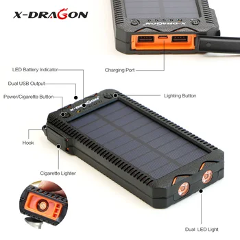 

X-DRAGON Waterproof Solar Power Bank 15000 mAh Portable Solar Charger with Cigarette Lighter, SOS Strobe LED Lighting.
