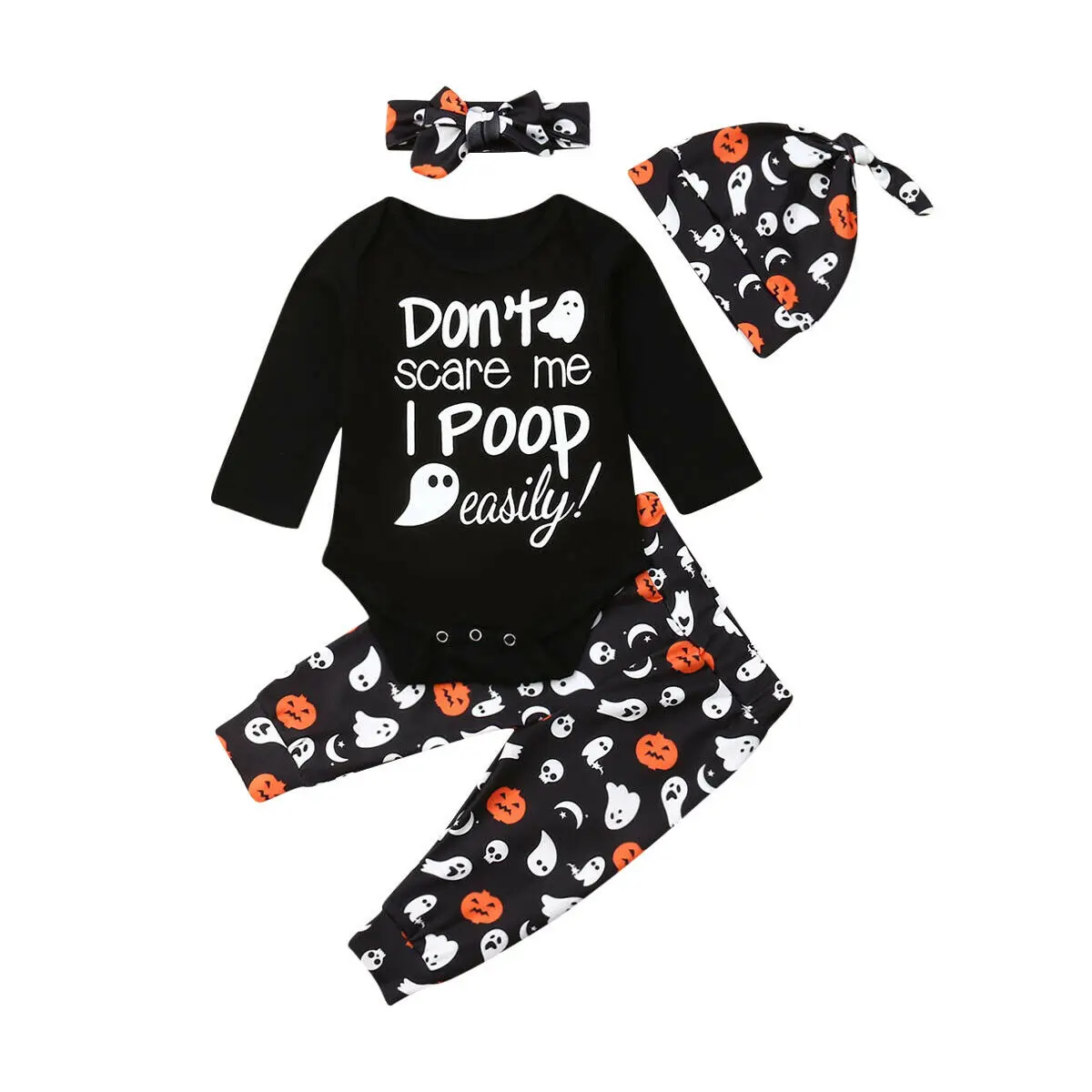 

4Pcs Infant Baby Boy Girl Halloween Set Pumpkin Romper Playsuit Legging Print Pant Hat Headwear Outfit Clothes 0-24M