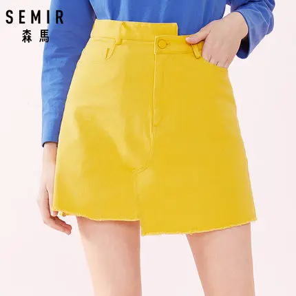 SEMIR Женская юбка трапециевидной формы с боковыми карманами, Потертая джинсовая женская мини-юбка с карманом в форме сердца сзади, модный стиль на весну - Цвет: yellow