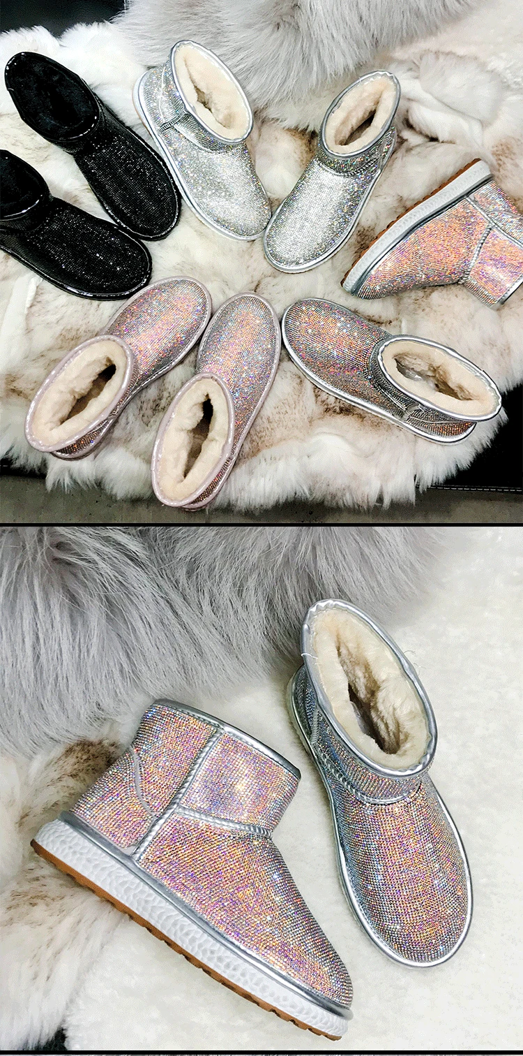 LORFRCIN Winter Boots Bling Crystals Ankle Boots Rhinestones Women Fur shoes Fashion Handmade Warm Snow Boots Woman