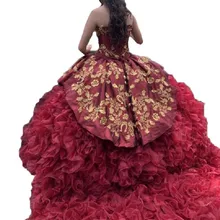 Бордовые платья Quinceanera мяч многоуровневый наряд; юбки в складку с золотистой отделкой сладкий 15 длинные Платья для вечеринок vestidos de Quinceanera