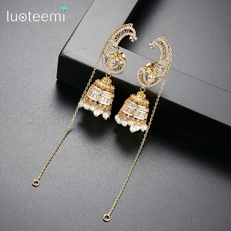 Длинные висячие серьги LUOTEEMI Jhumka Jhumki для женщин с кристаллами и искусственным
