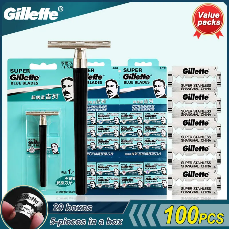 Gillette Super Blue Shaving Razor For Men Knife Holder+ Blades Official