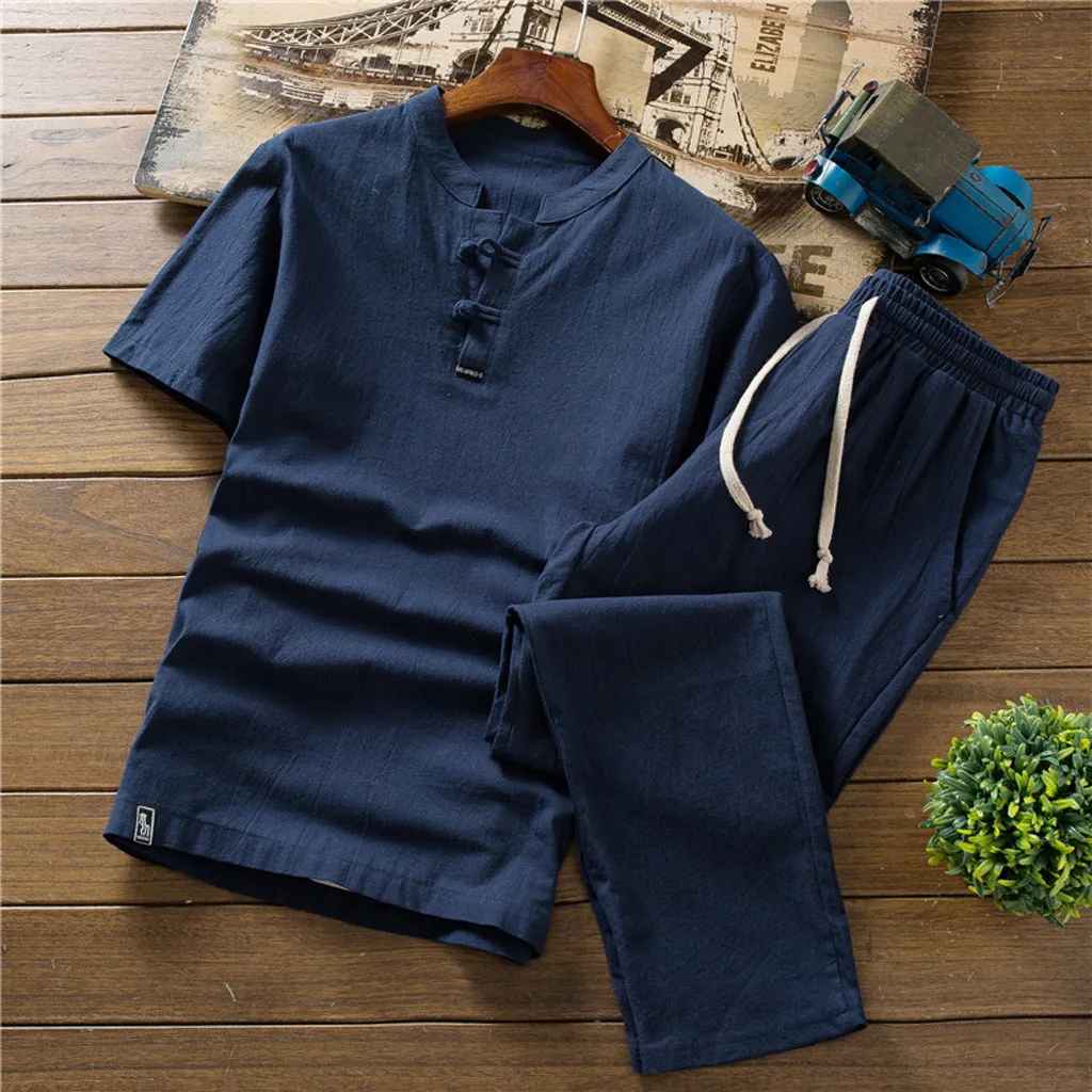 Seller Summer Fashion Men's Cotton And Linen Short Sleeve Shorts Set Suit Tracksuit DL