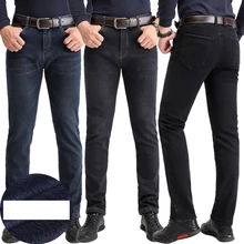 Зимние мужские джинсы плюс бархат утолщаются новые мужские джинсовые брюки высокая талия эластичные прямые тонкие теплые флисовые ковбойские джинсы брюки