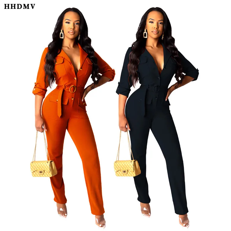 

HHDMV BS1121 street causal tooling style jumpsuits long sleeve lapel sashes pockets decoration 2 color jumpsuits long pants