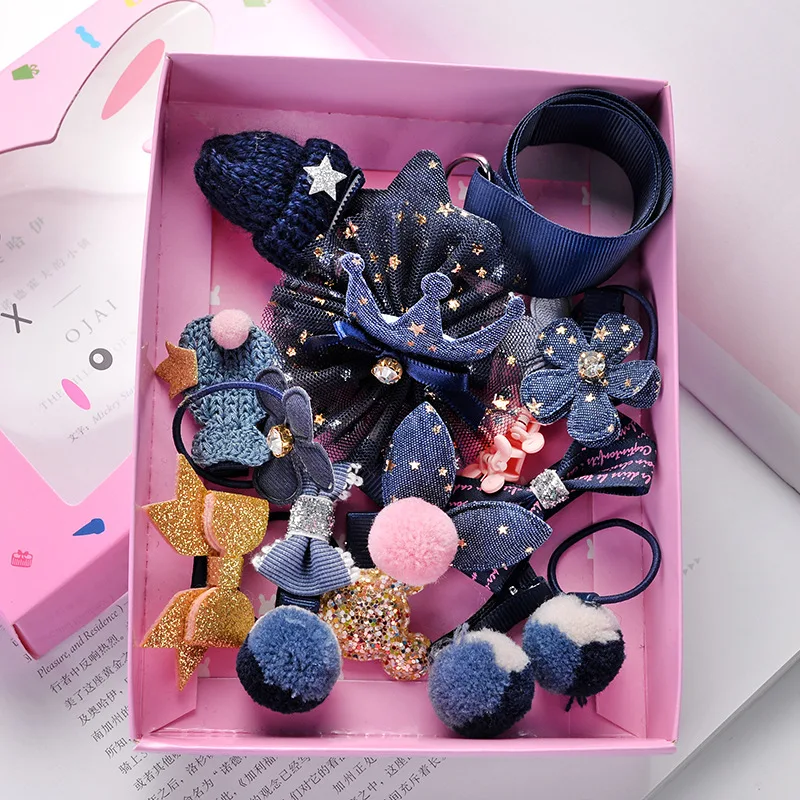18 комплектов веревки для волос, детский головной убор, Корейская версия тканевой шпильки для девочек, креативная резинка, аксессуары для волос, подарочная коробка - Цвет: Blue with box