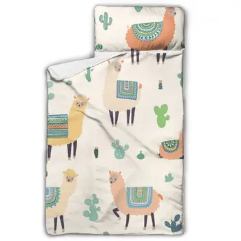 

Hand Drawn Llama Alpaca Cactus Nap Mat with Pillow for Toddler Boys and Girls for Daycare and Preschool Sleepovers and Travels
