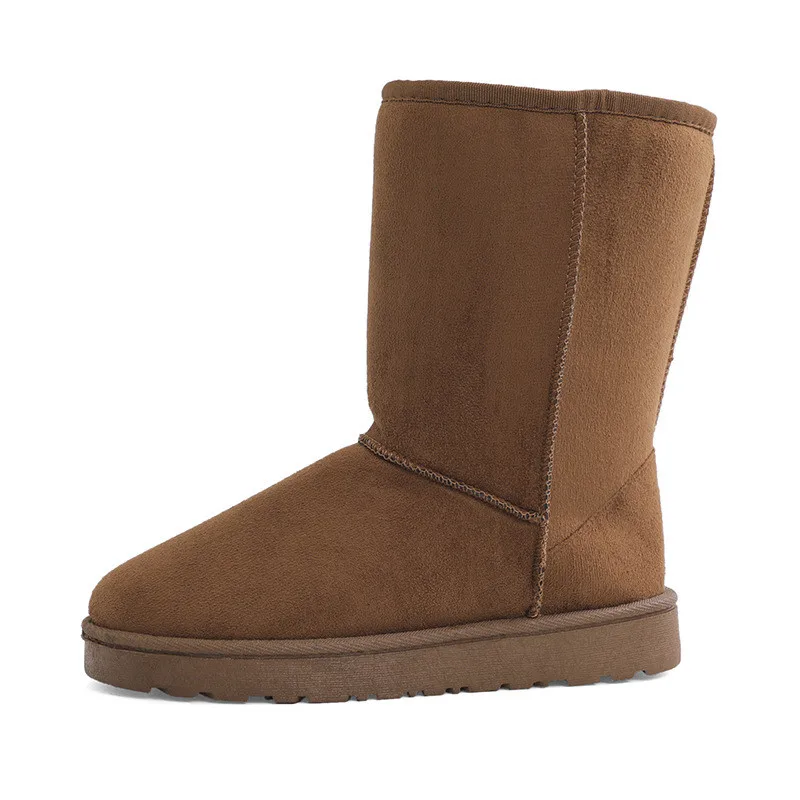 Botas de invierno de tubo medio para mujer, botas de nieve de alta calidad, nuevo diseño de marca, bota cálida de fondo plano de piel de felpa