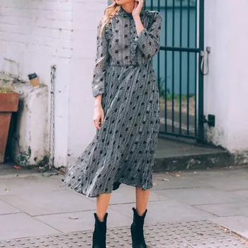 

2020 New Vintage Women's pleated midi dress long sleeve printted ladies office wear long dresses casual female clothes