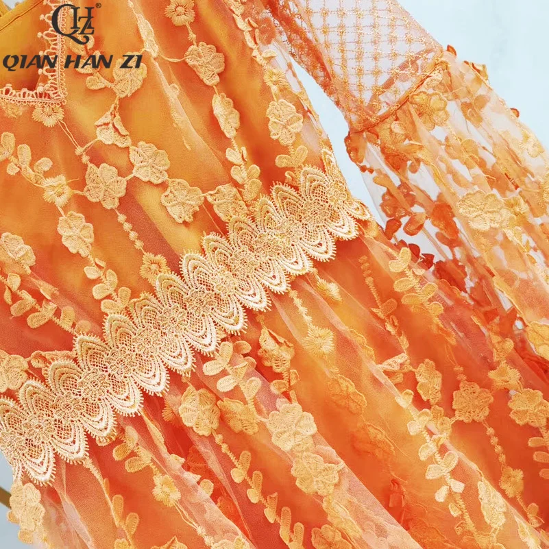 Цянь Хан Цзы дизайнерское модное подиумное Макси Платье женское с расклешенными рукавами Брендовое Ретро Сетчатое вышитое кружево аппликация длинное платье