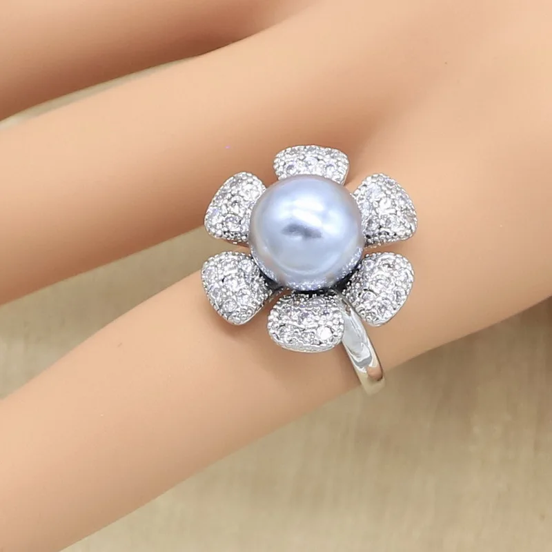 Цветок Форма Гари жемчуг 925 серебряные ювелирные наборы для женщин ожерелье кулон кольца Подарочная упаковка для сережек - Окраска металла: Ring