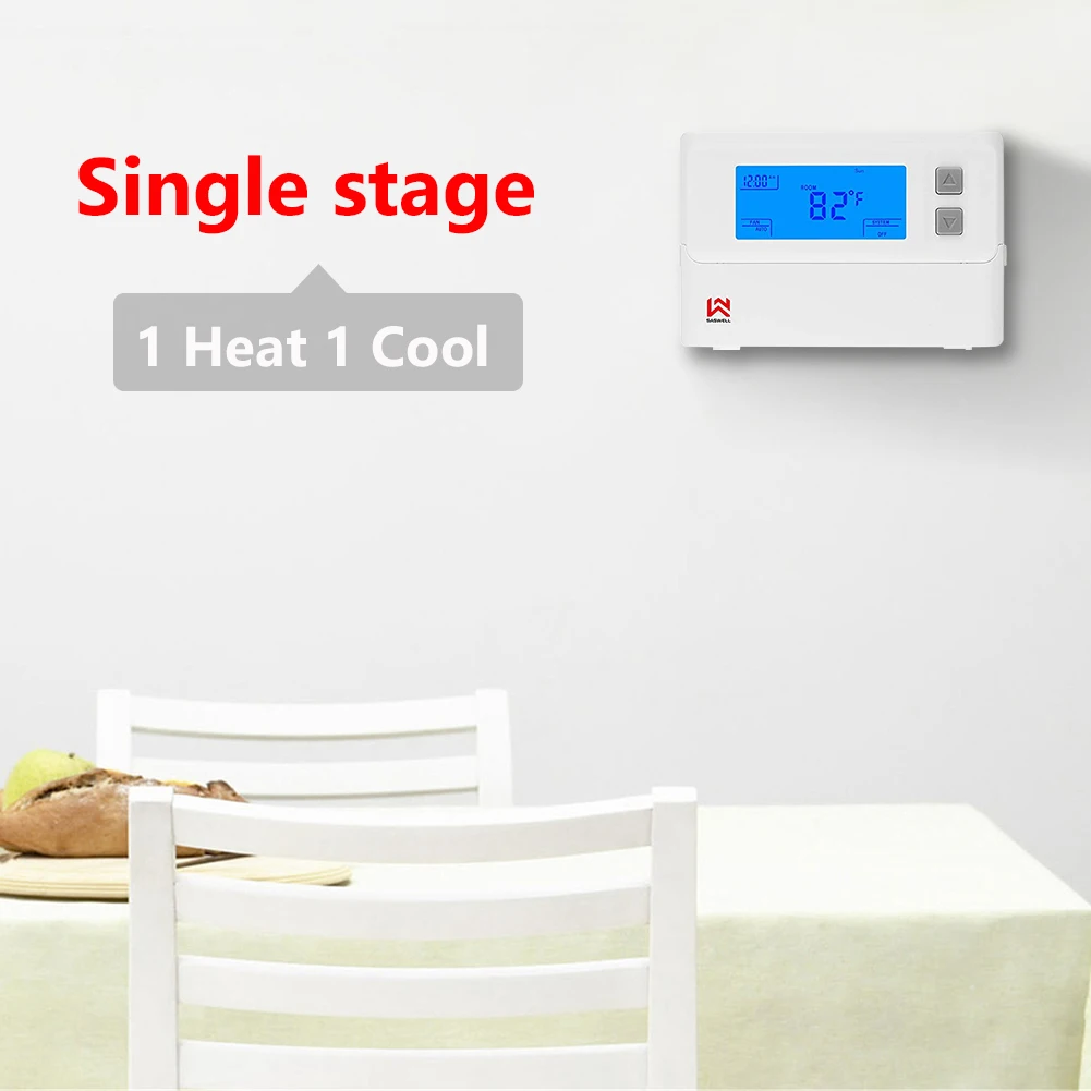 Одноступенчатый 5-2 программируемый HVAC термостат с легко читаемым дисплеем, 1 Тепло 1 прохлада, Saswell T21STK-2