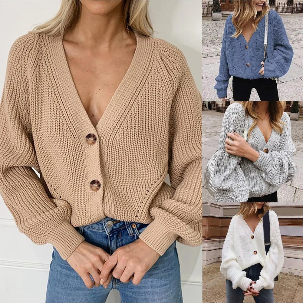 Women Knitted Short Sweater Long Sleeve Autumn Loose Solid Color