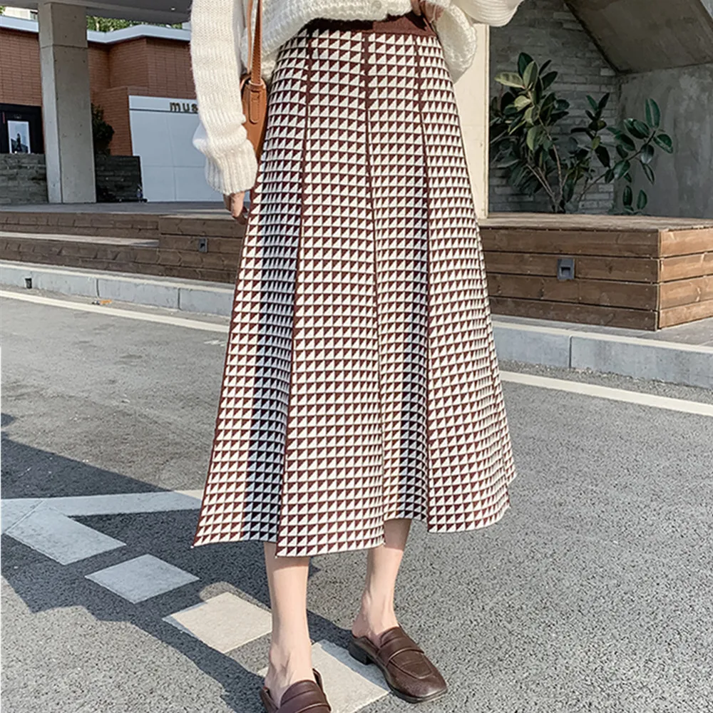 

2020 Thick Warm Women Pleated Skirt High Waist Knitted Geometry Korean Style Autumn Winter Long A Line Casual Plaid Print Skater