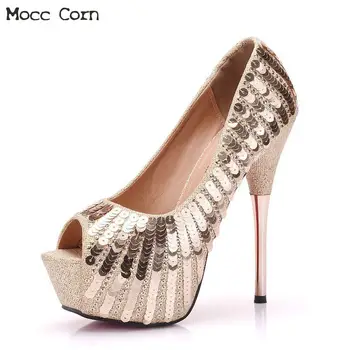 

Luxury Wedding Shoes Bride Gold Sequin High Heels Woman Peep Toe Pumps Platform Shoes Women Bridesmaid Heels Stilettos Mujer