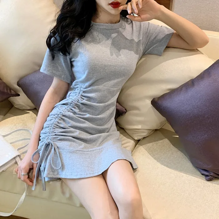 

2019 Spring Clothing New Style Hong Kong Style CHIC Retro Flounced Lace-up Drawstring Slim Fit Slimming WOMEN'S Short Sleeved Dr